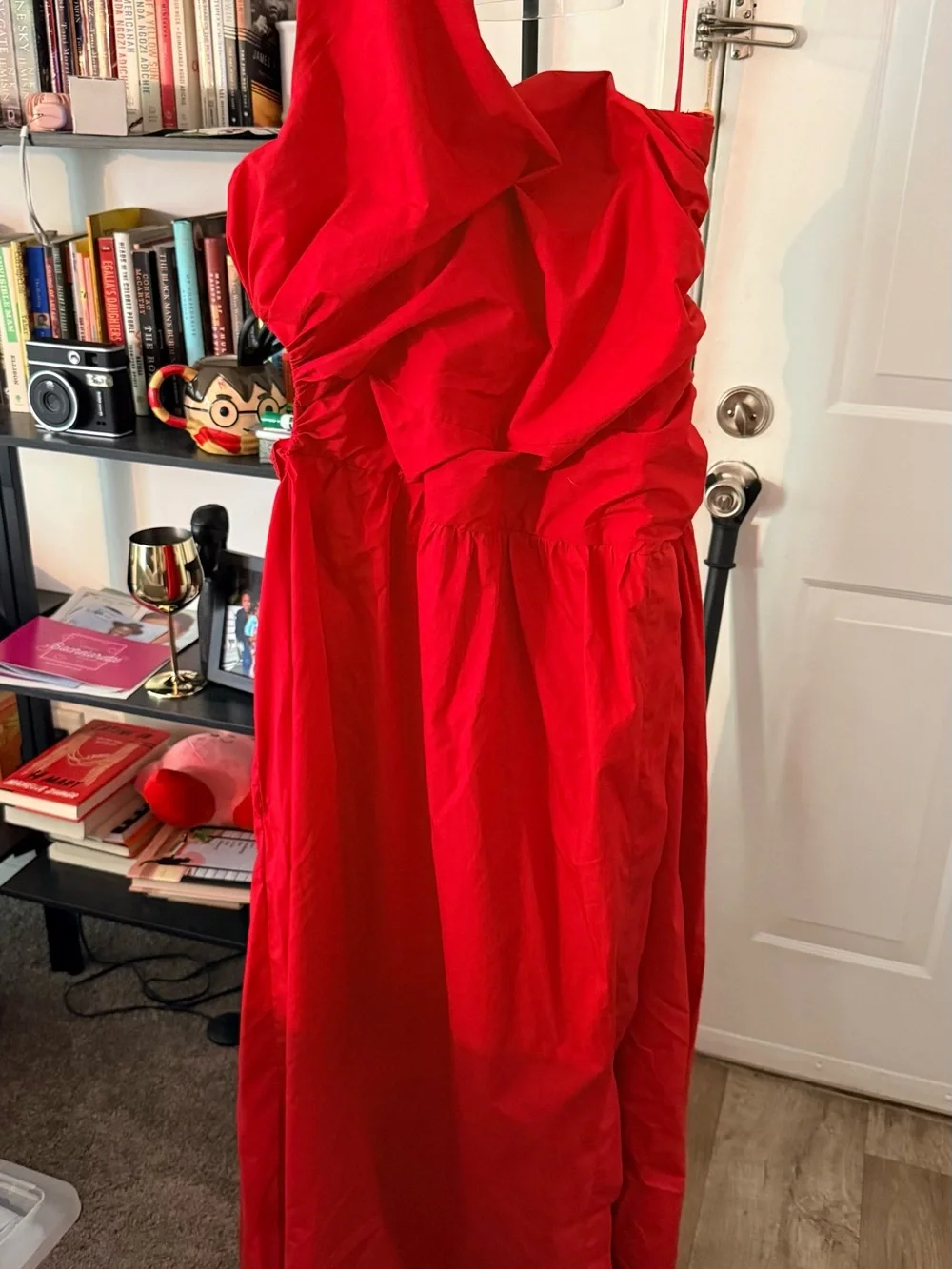 One-Shoulder Red Maxi Dress with Side Slit